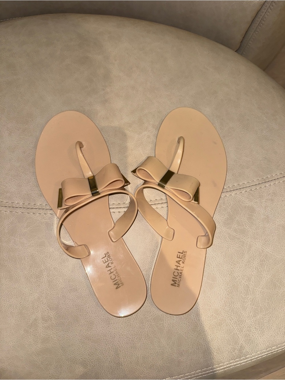 Michael Kors Beige Bow Toe-Post Sandals with Gold Accent
